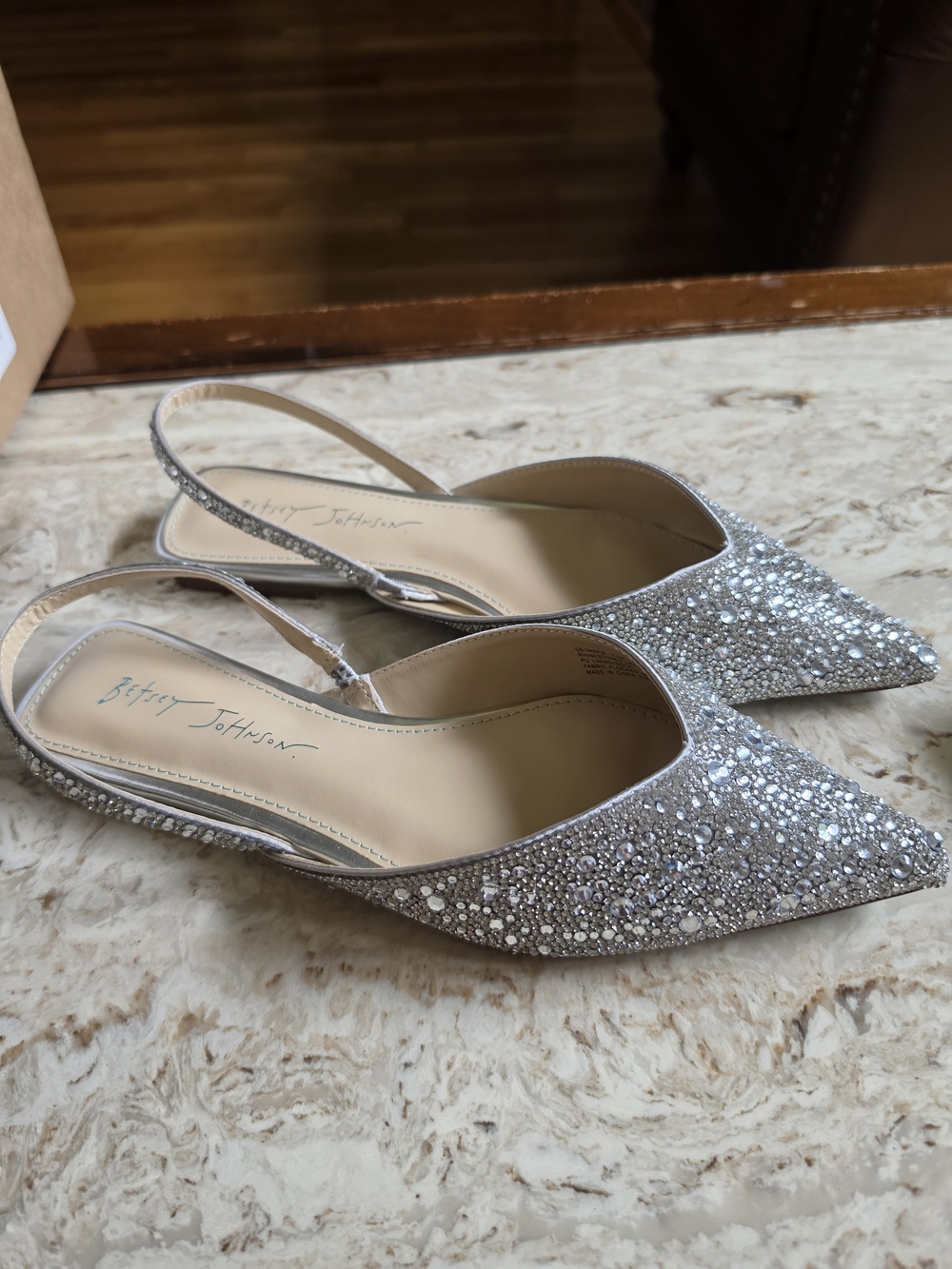 Betsey Johnson Vance Silver Crystal-Embellished Pointed Slingback Flats